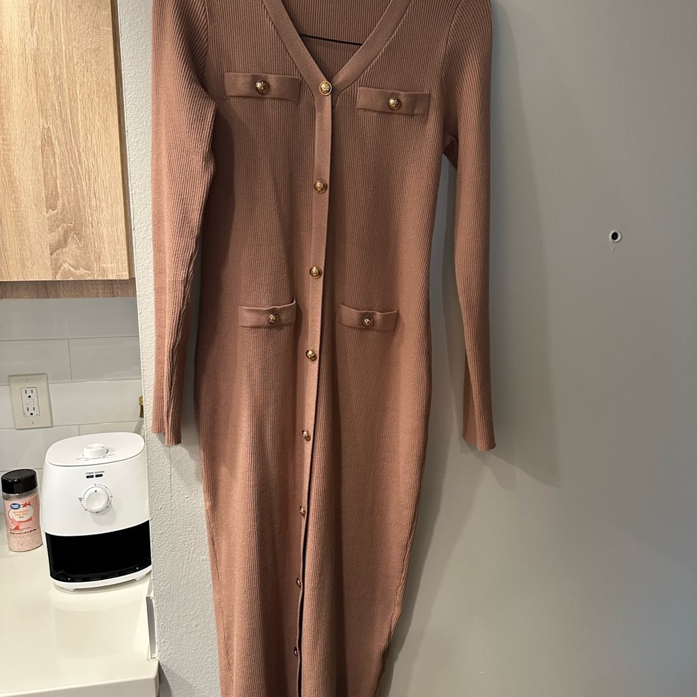 MIROL Nude Pink Ribbed Knit Midi Dress/Cardigan with Gold Buttons – Size M